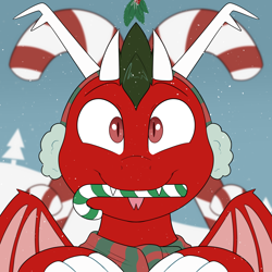 Size: 2000x2000 | Tagged: safe, artist:2k.bugbytes, imported from derpibooru, oc, oc only, oc:dragonfire(havock), dracony, dragon, hybrid, bust, candy, candy cane, christmas, clothes, commission, cute, cute little fangs, dracony oc, earmuffs, fangs, food, holiday, holly, holly mistaken for mistletoe, looking at you, male, mouth hold, portrait, scarf, smiling, snow, snowfall, solo, tongue out, ych result