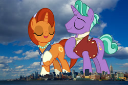 Size: 2048x1365 | Tagged: safe, artist:dashiesparkle, edit, editor:jaredking779, imported from derpibooru, firelight, stellar flare, pony, unicorn, attack on pony, coat markings, duo, eyes closed, female, giant pony, giantess, highrise ponies, irl, jewelry, macro, male, manhattan, mare, necklace, new york, new york city, pearl necklace, photo, ponies in real life, socks (coat markings), stallion, story included