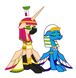 Size: 2716x2756 | Tagged: safe, artist:bsw421, imported from derpibooru, oc, oc only, oc:nephthys, oc:prince scarab, alicorn, pegasus, pony, alicorn oc, armband, bra, bracelet, clothes, egyptian, egyptian headdress, egyptian pony, eyelashes, headdress, horn, jewelry, loincloth, makeup, necklace, pegasus oc, sad, simple background, skirt, transparent background, vector, wings