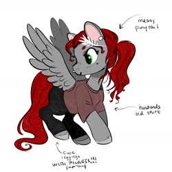 Size: 2400x2400 | Tagged: safe, artist:opalacorn, imported from derpibooru, oc, oc only, oc:void, pegasus, pony, clothes, female, high res, laurel, male, mare, nose piercing, nose ring, pants, pegasus oc, piercing, shirt, simple background, solo, spread wings, text, unshorn fetlocks, white background, wings