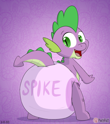 Size: 1600x1800 | Tagged: safe, artist:the-bluepup, imported from derpibooru, spike, dragon, back, butt, diaper, diaper butt, diapered, looking back, male, open mouth, open smile, poofy diaper, purple, purple background, rear view, simple background, smiling, solo