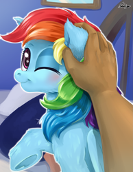 Size: 2121x2740 | Tagged: safe, artist:skikey, imported from derpibooru, rainbow dash, human, pegasus, pony, bed, blushing, cheek fluff, cute, dashabetes, ear fluff, ear scratch, female, first person view, hand, high res, leg fluff, looking at you, looking back, looking back at you, mare, offscreen character, offscreen human, one eye closed, pov, raised hoof, shoulder fluff, signature, smiling, smiling at you, underhoof
