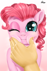 Size: 1800x2740 | Tagged: safe, artist:skikey, imported from derpibooru, pinkie pie, earth pony, human, pony, :3, cheek squish, cute, diapinkes, eye reflection, eyelashes, female, first person view, gradient background, hand, high res, looking at you, mare, offscreen character, offscreen human, one eye closed, ponk, pov, reflection, signature, smiling, smiling at you, squeezing, squishy cheeks