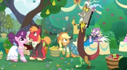 Size: 2160x1199 | Tagged: safe, imported from derpibooru, screencap, applejack, big macintosh, discord, mayor mare, spike, sugar belle, draconequus, dragon, earth pony, pony, unicorn, the big mac question, apple, apple tree, bolo tie, book, bowtie, cake, clothes, cowboy hat, dress, female, food, hat, intertwined trees, lantern, male, mare, marriage, pear, pear tree, shirtless shirt collar, stallion, suit, surprised, sweet apple acres, table, tree, tuxedo, vest, wedding dress