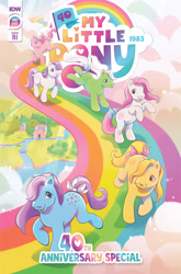 Size: 2063x3131 | Tagged: safe, idw, imported from derpibooru, blossom, blue belle, butterscotch (g1), cotton candy (g1), minty (g1), snuzzle, earth pony, pony, 40th anniversary, castle, cloud, comic cover, dream castle, female, g1, mare, my little pony logo, official, official comic, original six, rainbow, river, sky, text, water