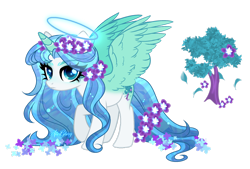 Size: 1920x1300 | Tagged: safe, artist:gloriaartist, imported from derpibooru, oc, oc only, alicorn, pony, alicorn oc, female, flower, flower in hair, flower in tail, halo, horn, magical lesbian spawn, mare, offspring, parent:fluttershy, parent:rarity, parents:flarity, simple background, solo, tail, transparent background, wings