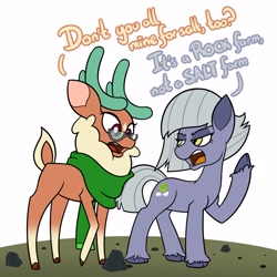 Size: 3000x3000 | Tagged: safe, artist:mrneo, imported from derpibooru, cashmere (tfh), limestone pie, deer, earth pony, pony, reindeer, them's fightin' herds, clothes, cloven hooves, community related, crossover, duo, glasses, rock, rock farm, scarf, simple background, white background