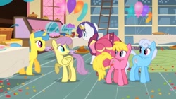 Size: 2160x1206 | Tagged: safe, imported from derpibooru, screencap, cherry berry, lemon hearts, linky, parasol, rarity, shoeshine, earth pony, pegasus, pony, unicorn, a bird in the hoof, animation error, background pony, balloon, cake, clothes, cup, dress, food, gala dress, pie, sugarcube corner, table, teacup