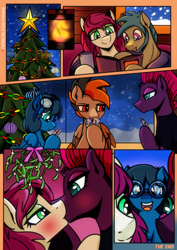 Size: 2480x3508 | Tagged: safe, artist:dsana, imported from derpibooru, fizzlepop berrytwist, tempest shadow, oc, oc:fireweed, oc:lullaby dusk, oc:rust wing, oc:thistledown, earth pony, pegasus, pony, unicorn, comic:a storm's lullaby, earth pony oc, female, filly, foal, hearth's warming eve, kiss on the lips, kissing, male, mare, pegasus oc, poker, stallion