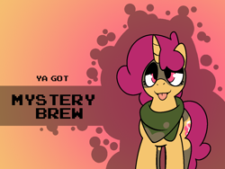 Size: 1200x900 | Tagged: safe, artist:myahster, imported from derpibooru, oc, oc only, oc:mystery brew, unicorn, banned from equestria daily, :p, female, gradient background, horn, mare, shawl, solo, style emulation, tongue out, unicorn oc