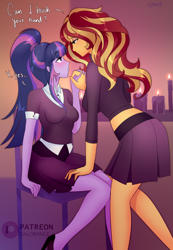 Size: 2080x3000 | Tagged: safe, artist:xjenn9, imported from derpibooru, sci-twi, sunset shimmer, twilight sparkle, human, equestria girls, breasts, clothes, duo, duo female, female, high heels, holding hands, lesbian, ponytail, scitwishimmer, shipping, shoes, skirt, sunsetsparkle