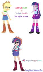 Size: 716x1182 | Tagged: safe, artist:prettycelestia, imported from derpibooru, applejack, twilight sparkle, oc, oc:midnight appleberry, equestria girls, belt buckle, boots, clothes, cowboy hat, fusion, fusion:applejack, fusion:twijack, fusion:twilight sparkle, green eyes, hat, high heel boots, multiple eyes, purple eyes, shoes, simple background, uniform, white background