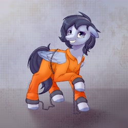Size: 4096x4096 | Tagged: safe, artist:ximsketchs, imported from derpibooru, oc, oc only, pegasus, pony, bound wings, chained, chains, clothes, cuffed, jumpsuit, pegasus oc, prison outfit, shackles, smiling, wings