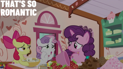 Size: 2000x1125 | Tagged: safe, edit, edited screencap, editor:quoterific, imported from derpibooru, screencap, apple bloom, sweetie belle, earth pony, pony, unicorn, the big mac question, food, pot, strawberry