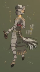 Size: 758x1356 | Tagged: safe, artist:keeiwo, imported from derpibooru, zecora, anthro, unguligrade anthro, zebra, bottle, clothes, dress, ear piercing, earring, eyebrow piercing, female, jewelry, loincloth, looking back, neck rings, piercing, ring, solo, tail, tail ring, tribal, tribal markings