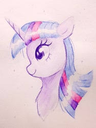 Size: 1044x1392 | Tagged: safe, artist:fipoki, imported from derpibooru, twilight sparkle, alicorn, pony, bust, female, horn, mare, smiling, solo, traditional art, twilight sparkle (alicorn)