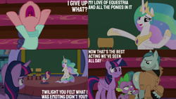 Size: 2000x1125 | Tagged: safe, edit, edited screencap, editor:quoterific, imported from derpibooru, screencap, on stage, princess celestia, raspberry beret, spike, twilight sparkle, alicorn, pony, horse play, chair, chalkboard, clipboard, crying, quill, school of friendship, stage, twilight sparkle (alicorn), wavy mouth