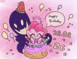 Size: 1128x867 | Tagged: safe, artist:fipoki, imported from derpibooru, pinkie pie, earth pony, pony, balloon, birthday, cake, eyes closed, female, food, happy birthday, mare, signature, smiling, snatcher