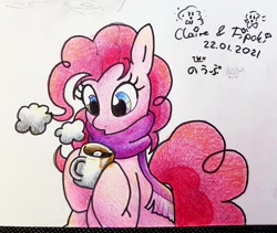 Size: 1122x946 | Tagged: safe, artist:fipoki, imported from derpibooru, pinkie pie, earth pony, pony, 2021, chocolate, clothes, cute, diapinkes, female, food, hoof hold, hot chocolate, mare, marshmallow, mug, old art, scarf, signature, simple background, solo, traditional art, white background