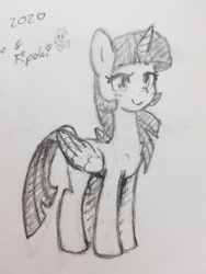 Size: 1357x1809 | Tagged: safe, artist:fipoki, imported from derpibooru, twilight sparkle, alicorn, pony, female, folded wings, grayscale, horn, mare, monochrome, signature, simple background, smiling, solo, traditional art, twilight sparkle (alicorn), white background, wings
