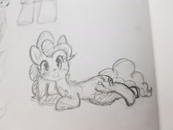 Size: 1896x1422 | Tagged: safe, artist:fipoki, imported from derpibooru, pinkie pie, earth pony, pony, female, grayscale, looking at you, lying down, mare, monochrome, on side, simple background, smiling, solo, traditional art, white background