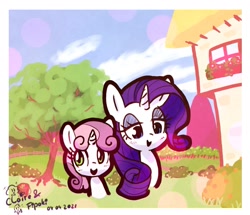 Size: 2021x1740 | Tagged: safe, artist:fipoki, imported from derpibooru, rarity, sweetie belle, pony, unicorn, female, filly, foal, horn, house, mare, open mouth, open smile, siblings, signature, sisters, smiling, traditional art, tree