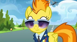 Size: 2160x1205 | Tagged: safe, imported from derpibooru, screencap, spitfire, pegasus, pony, top bolt, clothes, drill sergeant, female, necktie, suit, sunglasses, uniform, wonderbolts dress uniform