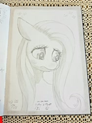 Size: 1536x2048 | Tagged: safe, artist:fipoki, imported from derpibooru, fluttershy, pegasus, pony, female, grayscale, mare, monochrome, sad, signature, solo, traditional art