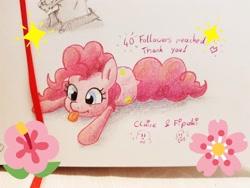 Size: 2048x1536 | Tagged: safe, artist:fipoki, imported from derpibooru, pinkie pie, earth pony, pony, :p, both cutie marks, cute, diapinkes, female, follower count, followers, lying down, mare, prone, solo, tongue out, traditional art