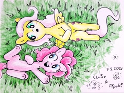 Size: 1024x768 | Tagged: safe, artist:fipoki, imported from derpibooru, fluttershy, pinkie pie, earth pony, pegasus, pony, cute, female, lying down, mare, on back, open mouth, signature, spread wings, traditional art, underhoof, wings