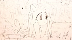 Size: 2048x1150 | Tagged: safe, artist:fipoki, imported from derpibooru, fluttershy, pegasus, pony, female, forest, grayscale, lying down, mare, monochrome, prone, solo, traditional art, tree, underhoof