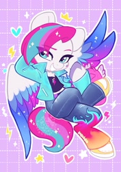 Size: 2381x3368 | Tagged: safe, artist:oofycolorful, imported from derpibooru, zipp storm, pegasus, pony, adorazipp, clothes, colored wings, cute, eye clipping through hair, eyebrows, eyebrows visible through hair, female, g5, gradient wings, grin, high res, looking at you, mare, multicolored wings, signature, smiling, smiling at you, solo, spread wings, wings