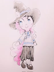 Size: 1536x2048 | Tagged: safe, artist:fipoki, imported from derpibooru, pinkie pie, earth pony, pony, semi-anthro, bipedal, clothes, female, harry potter (series), hat, hogwarts, mare, simple background, skirt, smiling, solo, sweater, traditional art, white background, witch, witch hat