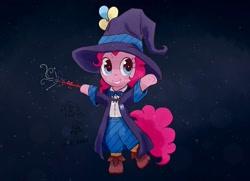 Size: 1443x1047 | Tagged: safe, artist:fipoki, imported from derpibooru, pinkie pie, earth pony, pony, semi-anthro, balloon, bipedal, cloak, clothes, female, harry potter (series), hat, hogwarts, hoof hold, magic wand, mare, shoes, signature, smiling, solo, wand, witch, witch hat