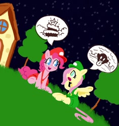 Size: 640x680 | Tagged: safe, artist:fipoki, imported from derpibooru, fluttershy, pinkie pie, earth pony, pegasus, pony, cap, clothes, cute, female, hat, house, luigi, luigi's hat, mare, mario, mario's hat, open mouth, overalls, sitting, speech bubble, spread wings, stars, super mario bros., talking, tree, wings