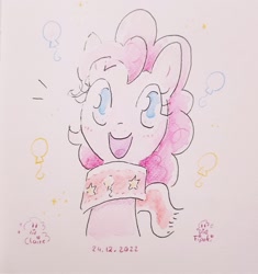 Size: 1929x2048 | Tagged: safe, artist:fipoki, imported from derpibooru, pinkie pie, earth pony, pony, bust, clothes, cute, diapinkes, female, looking at you, mare, open mouth, open smile, scarf, signature, smiling, solo, traditional art