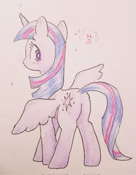 Size: 1589x2048 | Tagged: safe, artist:fipoki, imported from derpibooru, twilight sparkle, alicorn, pony, butt, female, horn, looking back, mare, plot, simple background, solo, spread wings, traditional art, twibutt, twilight sparkle (alicorn), white background, wings