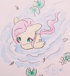 Size: 1866x2048 | Tagged: safe, artist:fipoki, imported from derpibooru, fluttershy, pegasus, pony, cute, female, mare, pond, shyabetes, solo, swimming, traditional art, water, wings