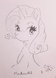 Size: 1486x2048 | Tagged: safe, artist:fipoki, imported from derpibooru, rarity, pony, unicorn, female, grayscale, horn, looking at you, mare, monochrome, signature, solo, style emulation, traditional art