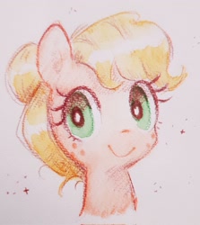 Size: 1826x2048 | Tagged: safe, artist:fipoki, imported from derpibooru, applejack, earth pony, pony, alternate hairstyle, bust, cute, female, freckles, hair bun, jackabetes, mare, simple background, smiling, solo, traditional art, white background