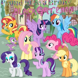 Size: 1200x1200 | Tagged: safe, artist:blackgryph0n, artist:cloudy glow, artist:emeraldblast63, artist:luckreza8, artist:user15432, imported from derpibooru, applejack, fluttershy, pinkie pie, rainbow dash, rarity, spike, starlight glimmer, sunset shimmer, twilight sparkle, alicorn, dragon, earth pony, pegasus, pony, unicorn, album, album cover, cowboy hat, female, hat, mane seven, mane six, mare, ponyville, proud to be a brony, smiling, stetson, twilight sparkle (alicorn), winged spike, wings