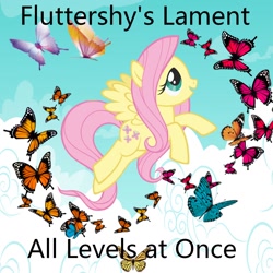 Size: 1200x1200 | Tagged: safe, artist:all levels at once, artist:user15432, imported from derpibooru, fluttershy, butterfly, pegasus, pony, album, album cover, all levels at once, blue sky, cloud, fluttershy's lament, flying, open mouth, sky, smiling