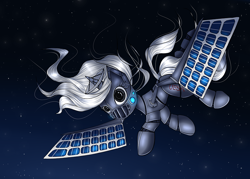 Size: 900x643 | Tagged: safe, artist:kairaanix, imported from derpibooru, oc, oc only, object pony, original species, ponified, satellite, satellite pony, solar battery, solo, space, stars, zero gravity