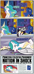 Size: 1920x4169 | Tagged: safe, artist:alexdti, imported from derpibooru, princess celestia, princess luna, alicorn, pony, coffin, comic, commission, corpse, crossed hooves, dead, death, eating, female, hooves to the chest, lying down, mare, newspaper, on back