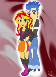 Size: 2975x4091 | Tagged: safe, artist:bageloftime, imported from derpibooru, flash sentry, sunset shimmer, human, equestria girls, blushing, female, flashimmer, male, shipping, straight