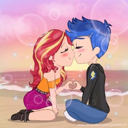 Size: 1280x1280 | Tagged: safe, artist:gisbelleart, imported from derpibooru, flash sentry, sunset shimmer, human, equestria girls, about to kiss, beach, blushing, chibi, duo, eyes closed, female, flashimmer, heart hands, human coloration, male, shipping, straight