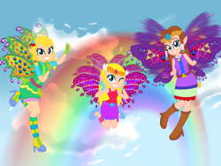 Size: 4000x3000 | Tagged: safe, artist:erockertorres, artist:user15432, artist:yaya54320bases, imported from derpibooru, fairy, human, hylian, equestria girls, barely eqg related, base used, believix, blue sky, boots, clothes, cloud, crossover, crown, dress, ear piercing, earring, equestria girls style, equestria girls-ified, fairies, fairies are magic, fairy wings, fairyized, fingerless gloves, flapping, flapping wings, fluttering, flying, gloves, green dress, green wings, high heel boots, high heels, jewelry, linkle, looking at you, necklace, one eye closed, piercing, pink dress, pink wings, princess zelda, purple dress, purple wings, rainbow, regalia, shoes, sky, smiling, the legend of zelda, toon zelda, wings, wink, winking at you, winx, winx club, winxified