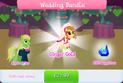 Size: 1270x857 | Tagged: safe, imported from derpibooru, apple crisp, ginger gold (idw), earth pony, pony, beard, bowtie, bundle, clothes, costs real money, dress, duo, ear piercing, earring, english, facial hair, female, gameloft, jewelry, male, mare, mobile game, my little pony: magic princess, numbers, official, piercing, sale, stallion, suit, text, wedding dress, wedding veil