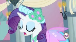 Size: 2160x1199 | Tagged: safe, imported from derpibooru, screencap, rarity, pony, unicorn, a canterlot wedding, bridesmaid, bridesmaid dress, canterlot castle, clothes, dress, eyes closed, female, floral head wreath, flower, flower in hair, royal wedding