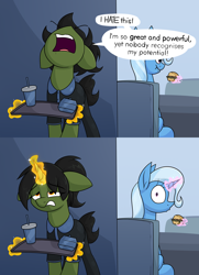 Size: 2268x3124 | Tagged: safe, artist:moonatik, imported from derpibooru, trixie, oc, oc:grim fate, pony, unicorn, 2 panel comic, angry, burger, clothes, comic, dialogue, drink, duo, eating, fast food, female, food, horn, magic, mare, surprised, table, talking to herself, telekinesis, tired, tray, unicorn oc